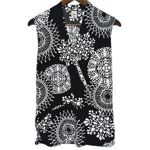 SushiFlower Women's Medium Black & White Geometric Sleeveless Faux Wrap Top